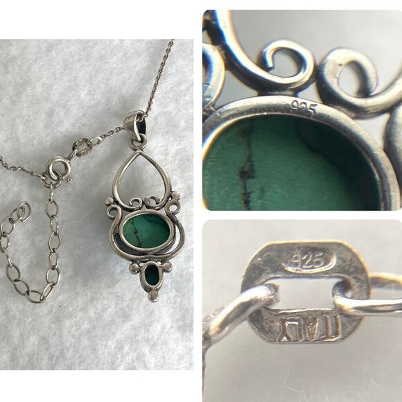 Sterling Silver 925 Scrollwork Turquoise Cabochon Pendant Necklace 16"-18" Chain - Picture 8 of 16